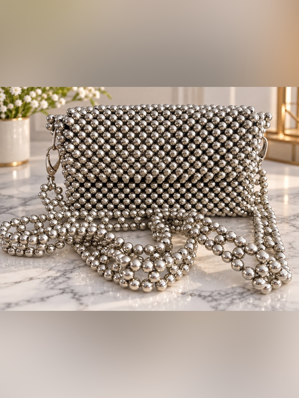 Silver Beaded Crossbody Bag